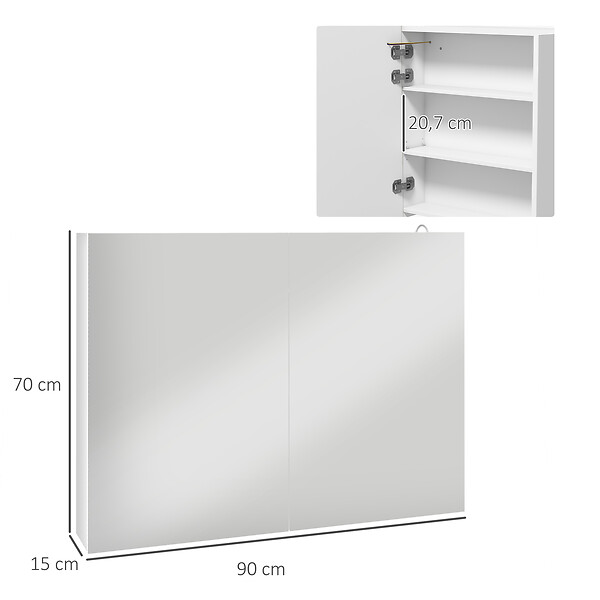 KLEANKIN - Armoire miroir LED de salle de bain - 2 portes, 2 étagères - tactile, lumière réglable - MDF blanc laqué verre - large