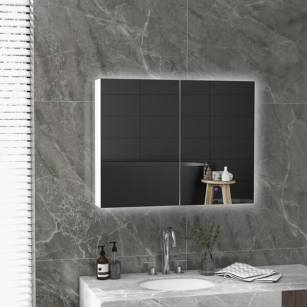 KLEANKIN - Armoire miroir LED de salle de bain - 2 portes, 2 étagères - tactile, lumière réglable - MDF blanc laqué verre - large