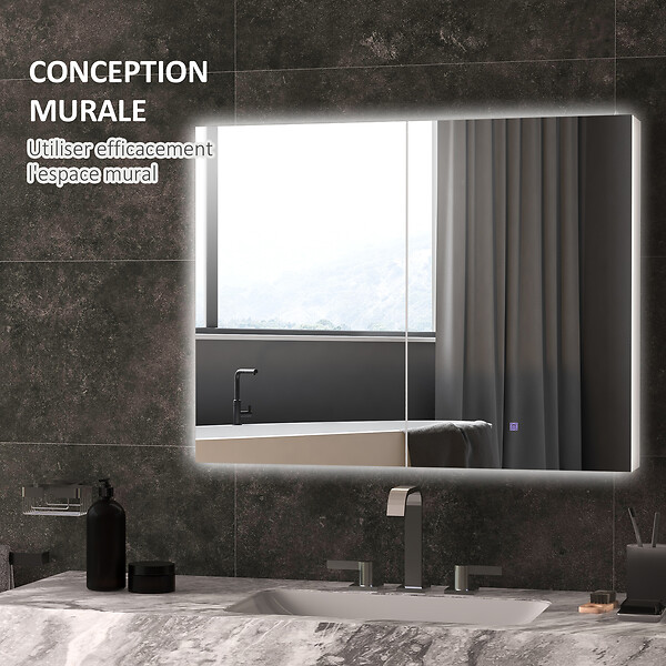 KLEANKIN - Armoire miroir LED de salle de bain - 2 portes, 2 étagères - tactile, lumière réglable - MDF blanc laqué verre - large