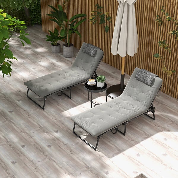 OUTSUNNY - Lot de 2 transats bains de soleil pliables inclinables - tétière, matelas épais - métal tissu gris - large