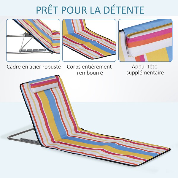 OUTSUNNY - Lot de 2 tapis de plage rembourrés - dossier inclinable 5 positions - sac transport inclus - acier polyester multicolore - large