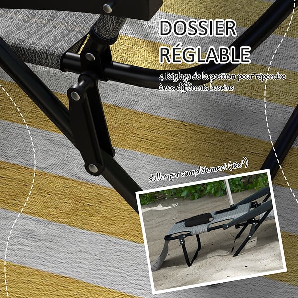 OUTSUNNY - Bain de soleil transat pliable inclinable - coussins, espace tête - acier noir polyester gris chiné - large