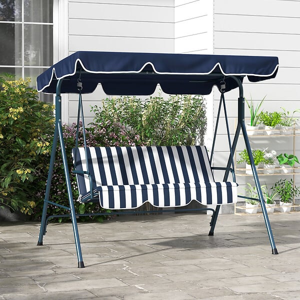 OUTSUNNY - Balancelle de jardin 3 places toit réglable acier polyester bleu blanc rayé - large