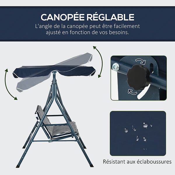 OUTSUNNY - Balancelle de jardin 3 places toit réglable acier polyester bleu blanc rayé - large