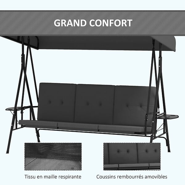 OUTSUNNY - Balancelle de jardin 3 places grand confort - toit réglable, 2 tablettes latérales, coussins - acier polyester anthracite - large