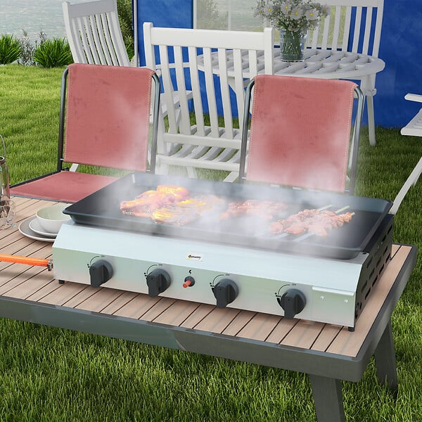 OUTSUNNY - Plancha gaz portable antiadhésive 4 brûleurs 9,6 kW surface cuisson 73L x 34l cm acier inox émaillé - large
