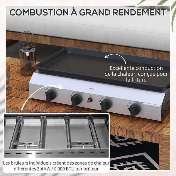 OUTSUNNY - Plancha gaz portable antiadhésive 4 brûleurs 9,6 kW surface cuisson 73L x 34l cm acier inox émaillé - large