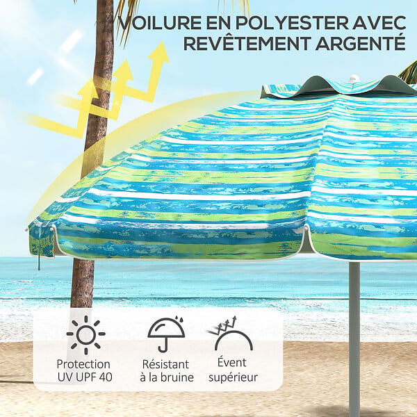 OUTSUNNY - Parasol inclinable réglable de plage protection UV50+ Ø190 cm sac et porte-gobelets inclus - large