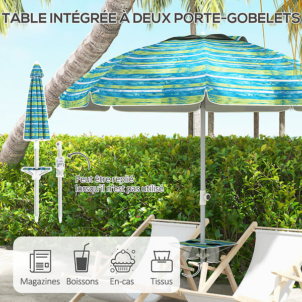 OUTSUNNY - Parasol inclinable réglable de plage protection UV50+ Ø190 cm sac et porte-gobelets inclus - large