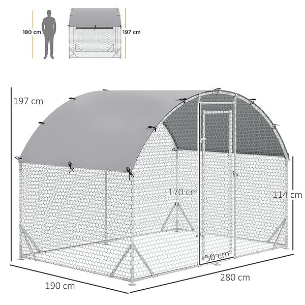 PAWHUT - Enclos poulailler chenil couvert 5,32 m² - parc grillagé dim. 2,8L x 1,9l x 1,97H m - acier galvanisé - large