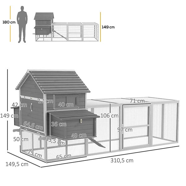 PAWHUT - Poulailler cottage cage à poules sur pied dim. 310L x 149l x 149H cm multi-équipement bois sapin gris - large