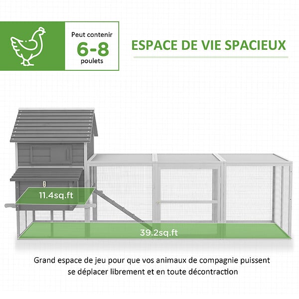 PAWHUT - Poulailler cottage cage à poules sur pied dim. 310L x 149l x 149H cm multi-équipement bois sapin gris - large