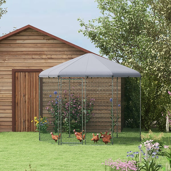 PAWHUT - Enclos poulailler chenil 5 m² - parc grillagé dim. 2,8L x 2,45l x 2,46H m - entièrement couvert - acier oxford gris - large