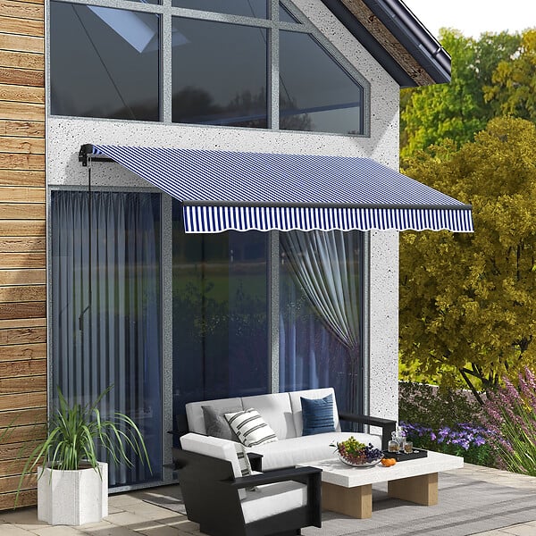 OUTSUNNY - Store banne manuel rétractable inclinaison réglable manivelle alu polyester anti-UV bleu blanc - large