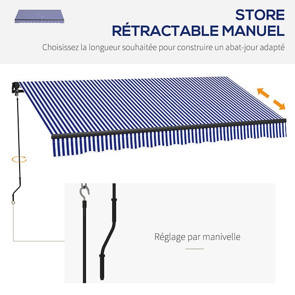 OUTSUNNY - Store banne manuel rétractable inclinaison réglable manivelle alu polyester anti-UV bleu blanc - large