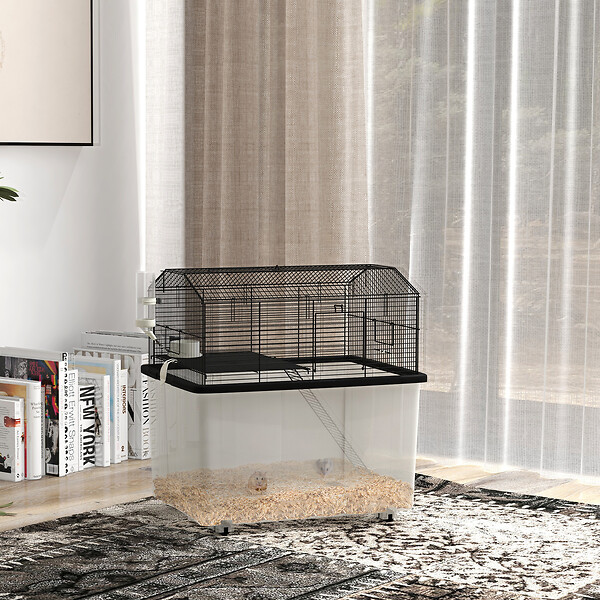 PAWHUT - Cage rongeur hamster 2 étages - roulettes, plateforme, échelle, accessoires - PP transparent acier noir - large