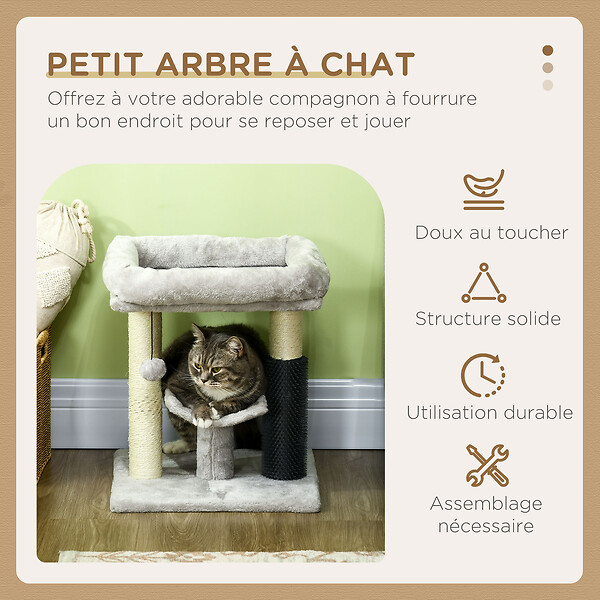 PAWHUT - Arbre à chat griffoirs sisal naturel et massant plateforme panier jeu boule suspendue peluche gris - large