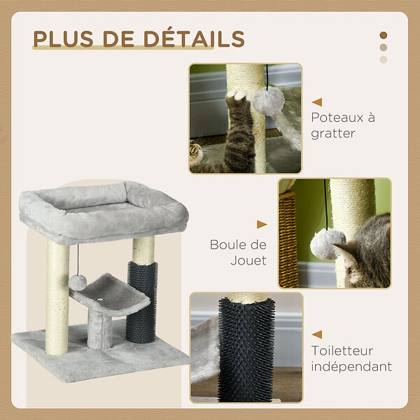 PAWHUT - Arbre à chat griffoirs sisal naturel et massant plateforme panier jeu boule suspendue peluche gris - large