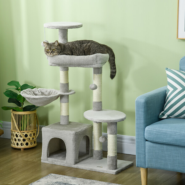 PAWHUT - Arbre à chat griffoirs sisal naturel niche plateformes panier hamac jeux boules suspendues peluche gris - large