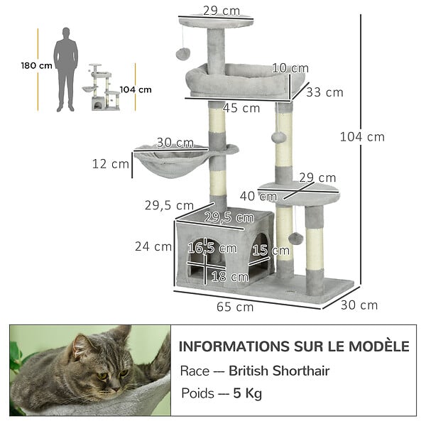 PAWHUT - Arbre à chat griffoirs sisal naturel niche plateformes panier hamac jeux boules suspendues peluche gris - large