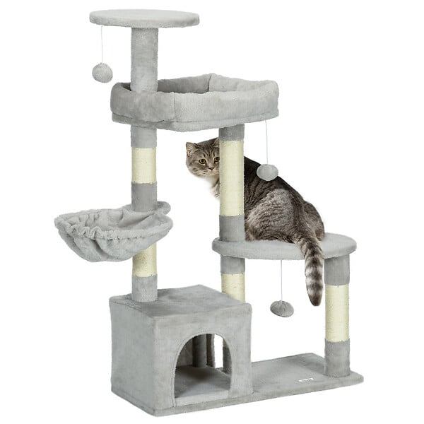 PAWHUT - Arbre à chat griffoirs sisal naturel niche plateformes panier hamac jeux boules suspendues peluche gris - large