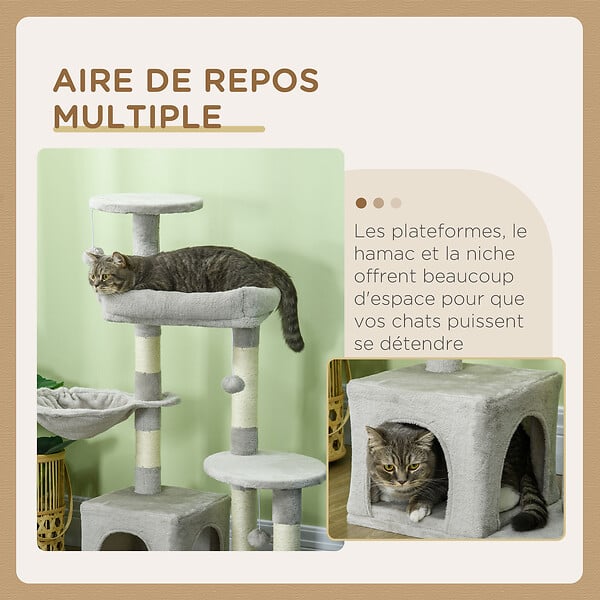PAWHUT - Arbre à chat griffoirs sisal naturel niche plateformes panier hamac jeux boules suspendues peluche gris - large