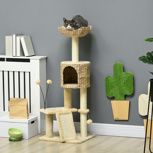 PAWHUT - Arbre à chat style cosy chic griffoirs grattoir sisal naturel équipement multiple peluche jacinthe d'eau beige - large