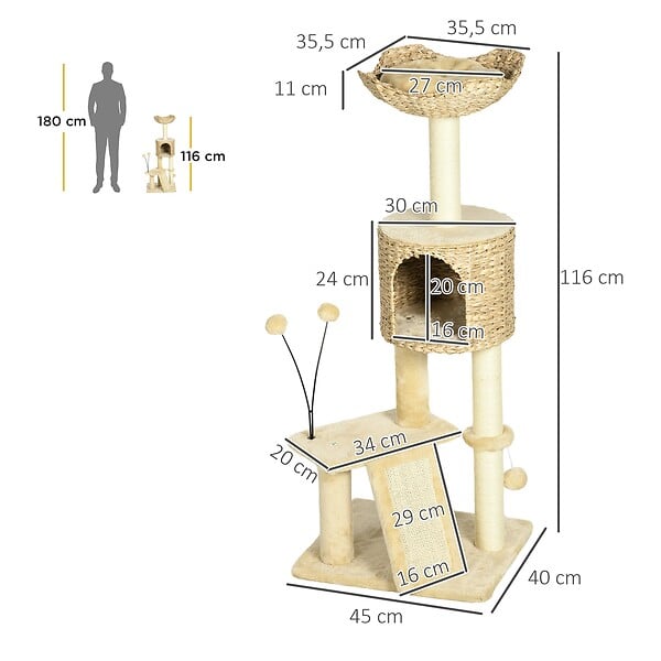 PAWHUT - Arbre à chat style cosy chic griffoirs grattoir sisal naturel équipement multiple peluche jacinthe d'eau beige - large
