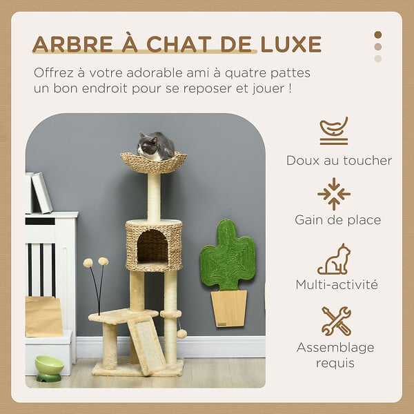 PAWHUT - Arbre à chat style cosy chic griffoirs grattoir sisal naturel équipement multiple peluche jacinthe d'eau beige - large