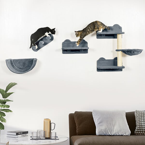 PAWHUT - Mur d'escalade pour chat - arbre à chat design mural - griffoirs, plateformes, 2 paniers, échelle - sisal peluche gris - large