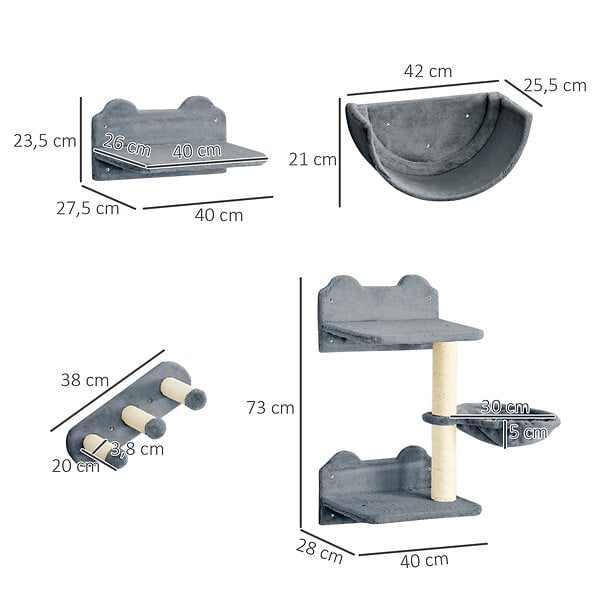 PAWHUT - Mur d'escalade pour chat - arbre à chat design mural - griffoirs, plateformes, 2 paniers, échelle - sisal peluche gris - large