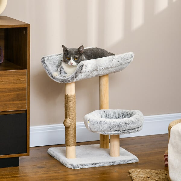 PAWHUT - Arbre à chat griffoir chanvre naturel panier plateforme d'observation jeu boule suspendue bois panneaux peluche gris - large