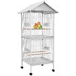 PAWHUT - Volière cage à oiseaux sur roulettes design maison mangeoires perchoirs 10 portes plateaux excréments amovibles acier blanc - vignette