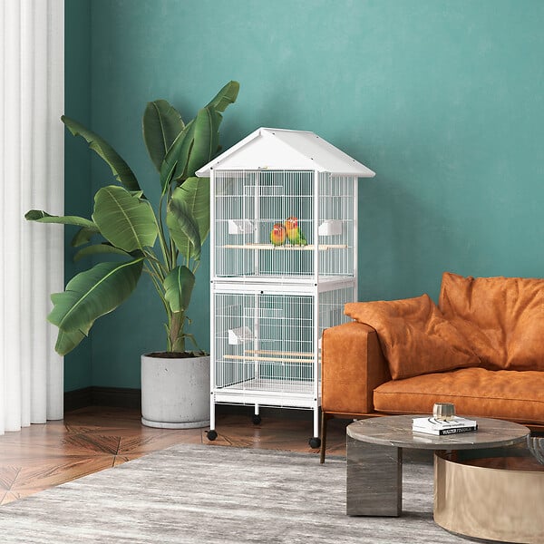 PAWHUT - Volière cage à oiseaux sur roulettes design maison mangeoires perchoirs 10 portes plateaux excréments amovibles acier blanc - large