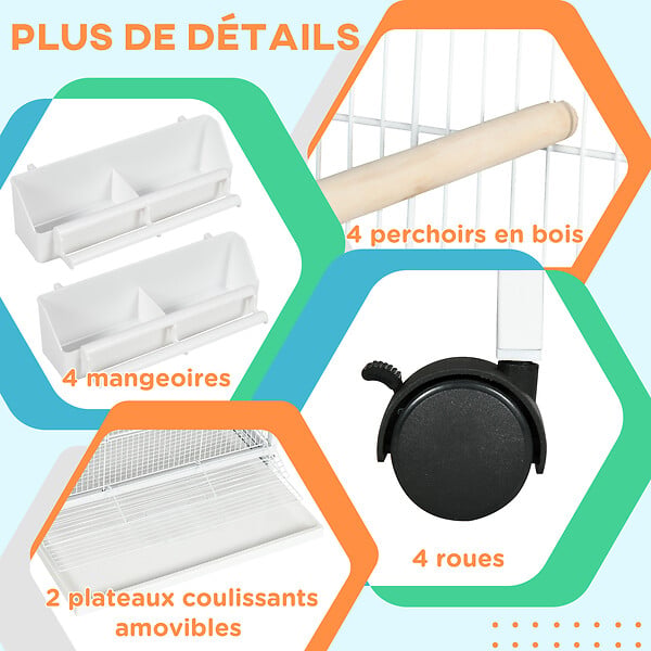 PAWHUT - Volière cage à oiseaux sur roulettes design maison mangeoires perchoirs 10 portes plateaux excréments amovibles acier blanc - large