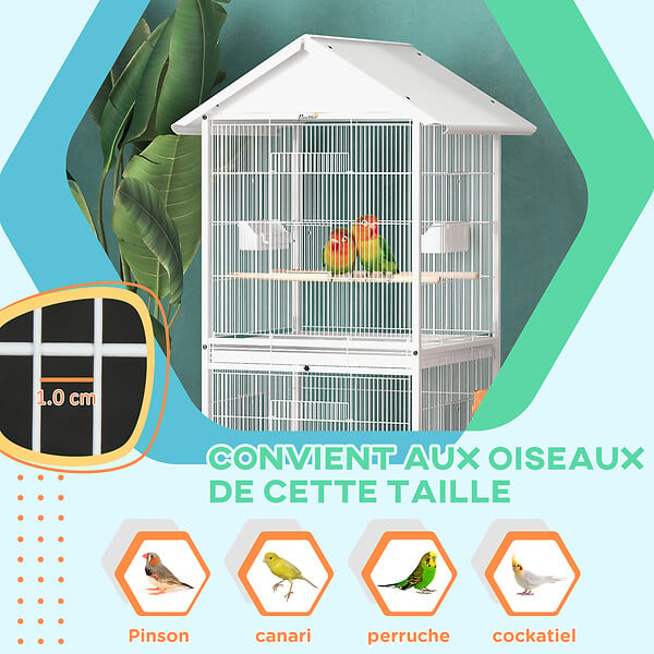 PAWHUT - Volière cage à oiseaux sur roulettes design maison mangeoires perchoirs 10 portes plateaux excréments amovibles acier blanc - large