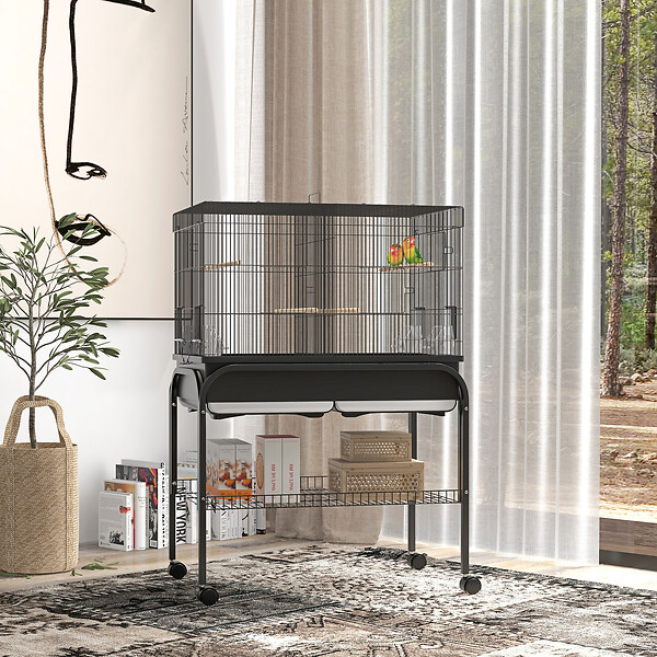 PAWHUT - Grande cage oiseaux - cage perroquet - grande volière sur roulettes - étagère, plateaux coulissants, accessoires - noir - large