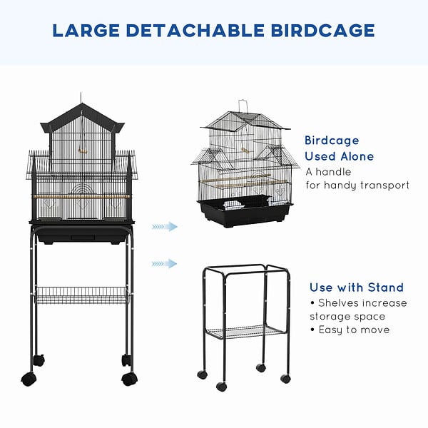 PAWHUT - Cage à oiseaux design maison mangeoires perchoirs 3 portes plateau excrément amovible noir - large
