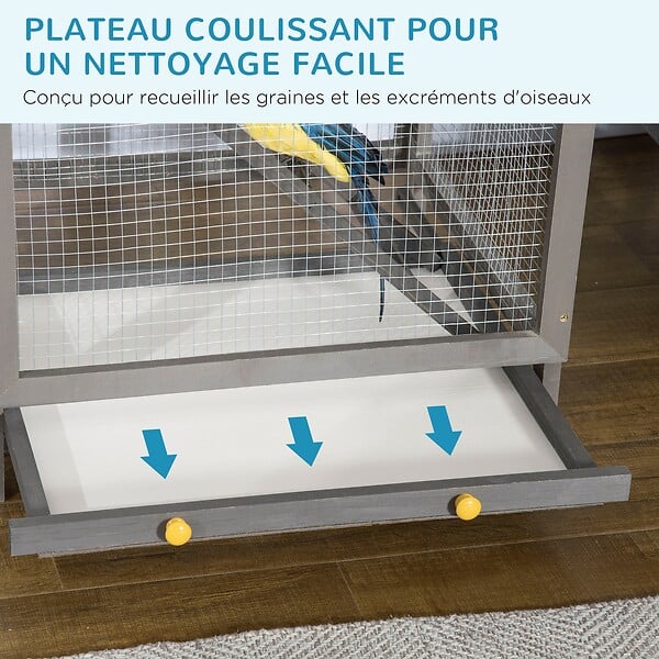PAWHUT - Cage à oiseaux volière grande taille 2 portes toit asphalte tiroir amovible bois gris - large