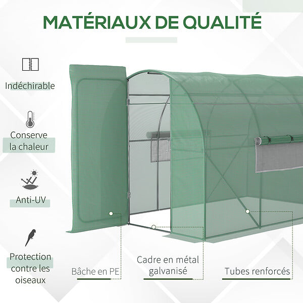 OUTSUNNY - Serre de Jardin Tunnel 6 m² Acier galvanisé renforcé diamètre 2,5 cm + PE Haute densité fenêtres Porte Vert - large