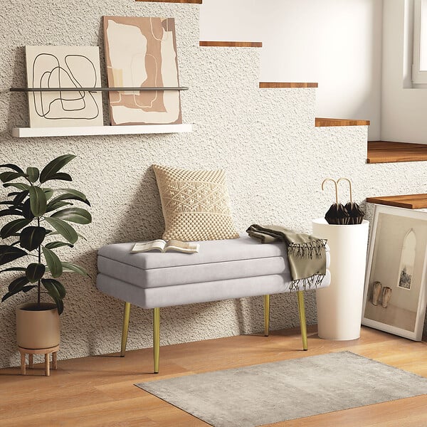 HOMCOM - Banquette coffre de rangement 2 en 1 piètement effilé incliné acier doré velours gris clair - large
