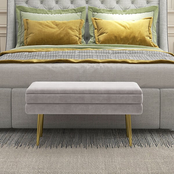HOMCOM - Banquette coffre de rangement 2 en 1 piètement effilé incliné acier doré velours gris clair - large