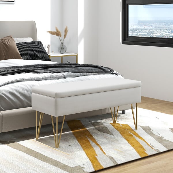 HOMCOM - Banquette coffre de rangement 2 en 1 design art déco - piètement épingle acier doré tissu crème - large
