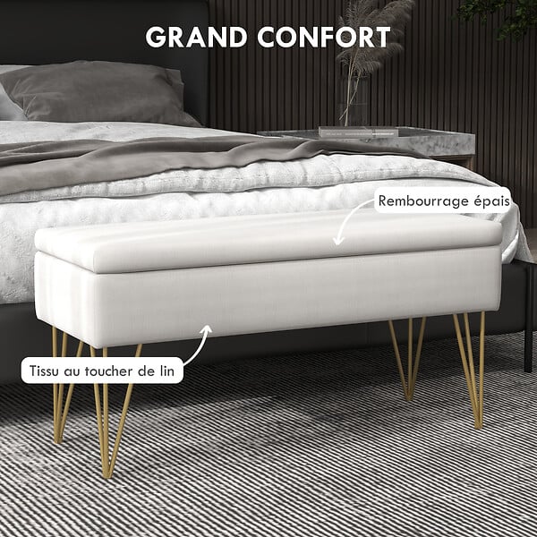 HOMCOM - Banquette coffre de rangement 2 en 1 design art déco - piètement épingle acier doré tissu crème - large