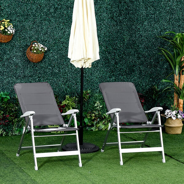 OUTSUNNY - Lot de 2 chaises de jardin pliantes dossier haut inclinable multipositions accoudoirs tétière alu. oxford déperlant gris - large