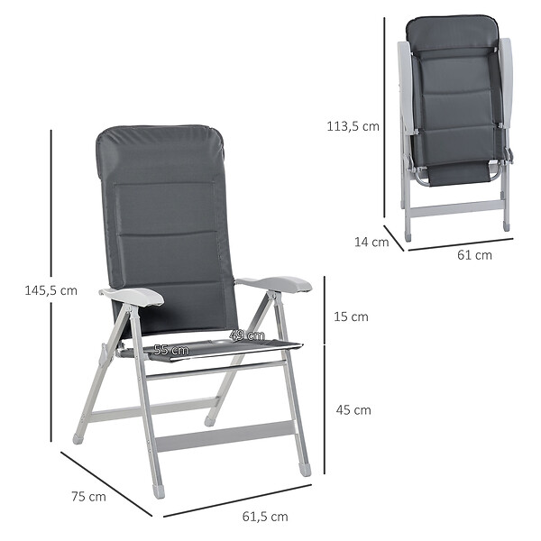 OUTSUNNY - Lot de 2 chaises de jardin pliantes dossier haut inclinable multipositions accoudoirs tétière alu. oxford déperlant gris - large