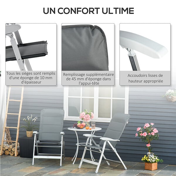 OUTSUNNY - Lot de 2 chaises de jardin pliantes dossier haut inclinable multipositions accoudoirs tétière alu. oxford déperlant gris - large