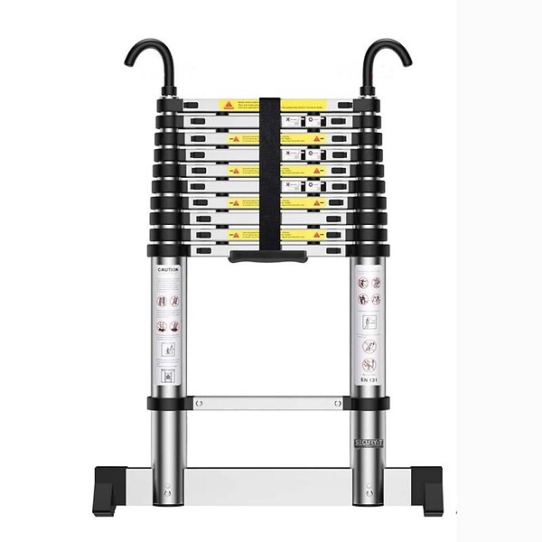 SECURY-T - Echelle télescopique aluminium 11 marches H 3,2M avec crochets démontables et barre stabilisatrice - large