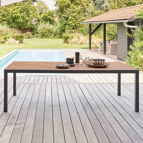 OVIALA - Table de jardin aluminium et céramique effet bois 10 places 241 cm - Tivoli - large