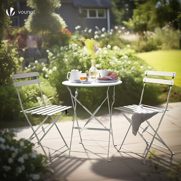 VOUNOT - Ensemble bistro extérieur 1 table 2 chaises acier blanc - large